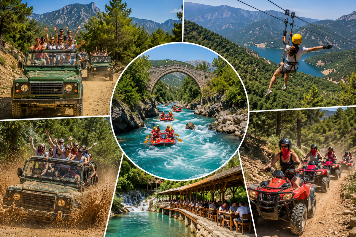 5'i 1 arada combo safari turunun rafting, buggy ve kanyon aşamalarını gösteren görsel