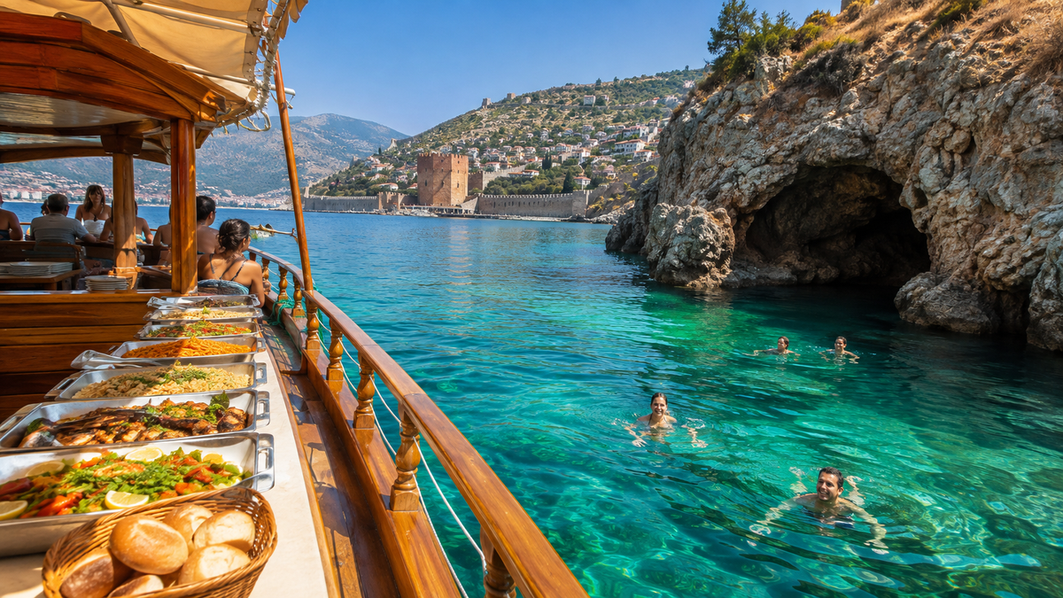 Badepause an Meereshöhlen und Buchten während der Alanya-Bootstour
