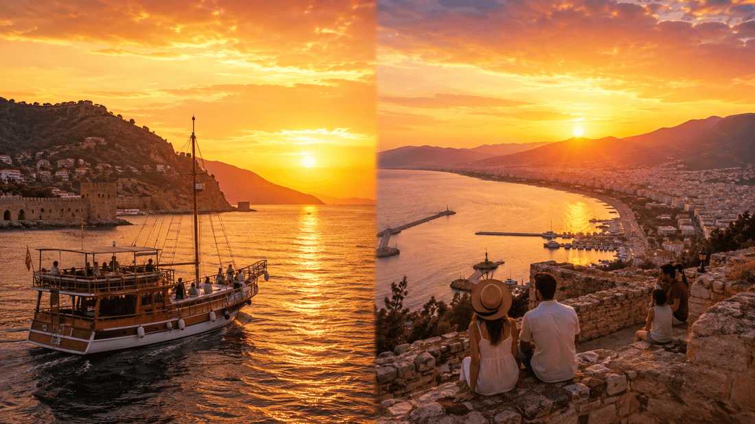 Alanya'da tekneden ve kaleden izlenen gün batımı manzarası
