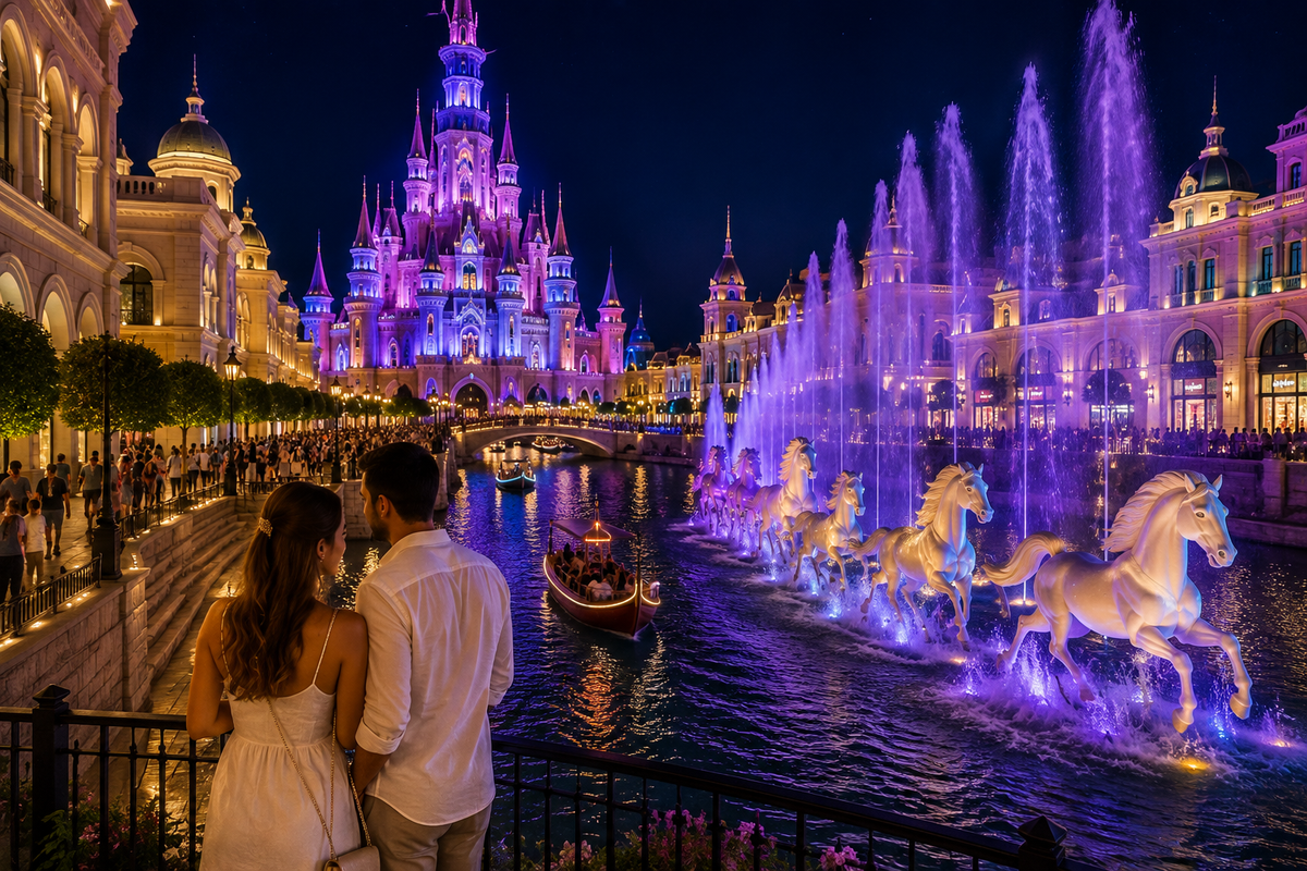 Освещённая сцена ночного шоу Land of Legends в туре из Белека