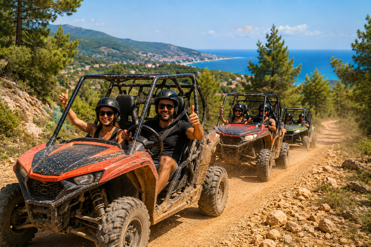Side'den katılınabilen buggy safari turunda toz yollarda ilerleyen katılımcılar